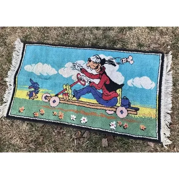 Vintage 1950’s Walt Disney Goofy On Cart Hand Made Wool Children’s Rug Carpet
